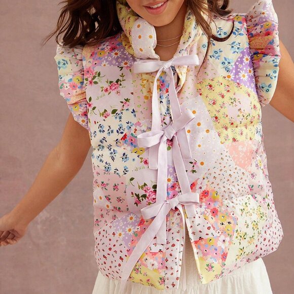 Multicolor Boho Women's Floral Print Cute Bow tie Front Puffer Vest - Picture 1 of 5